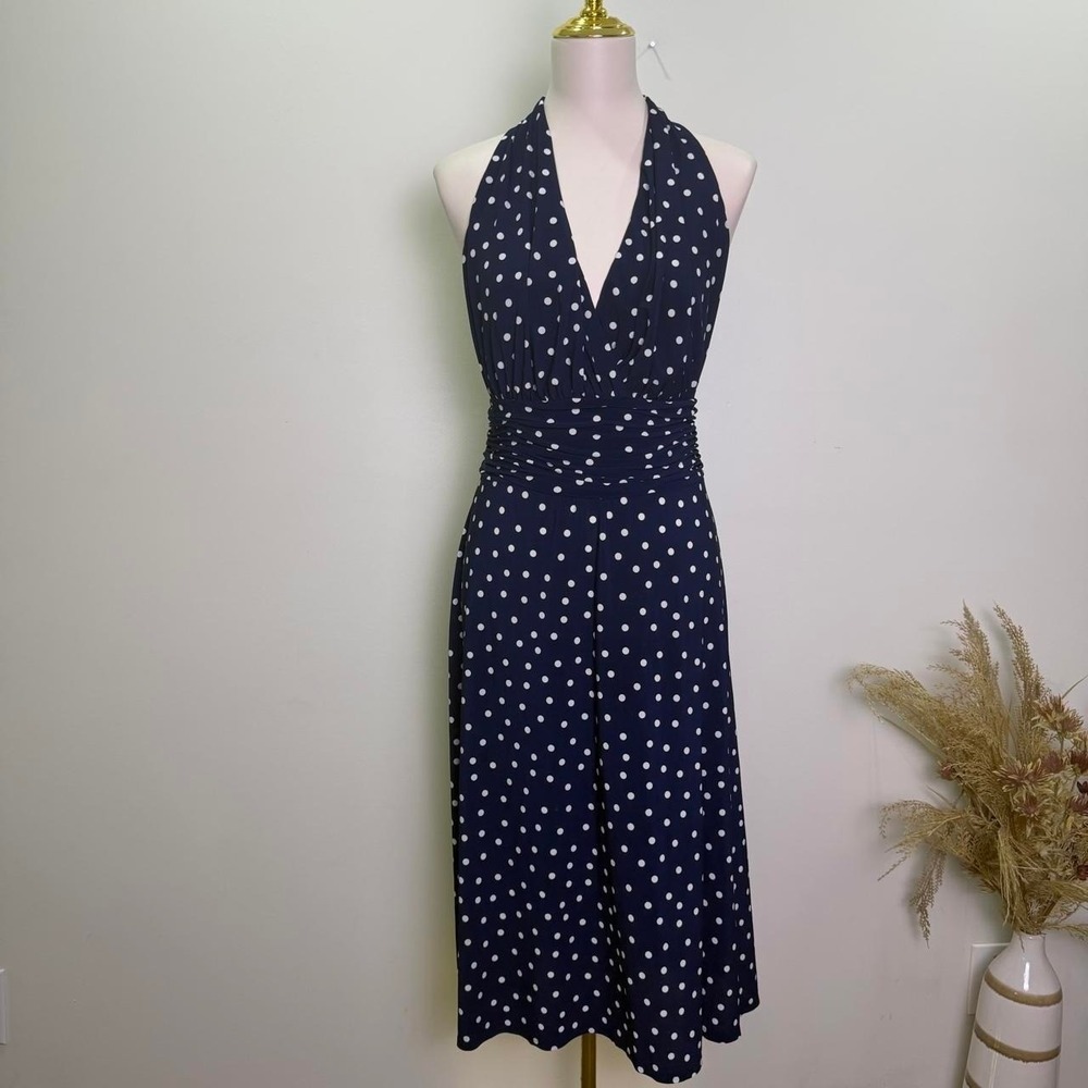 Evan-Picone Midi Dress Size 16 Navy & White Polka Dot Knit Halter Top